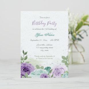 blue purple flowers green leaves birthday invitation