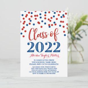 Blue Red Glitter Confetti Graduation Party 2022 Invitation