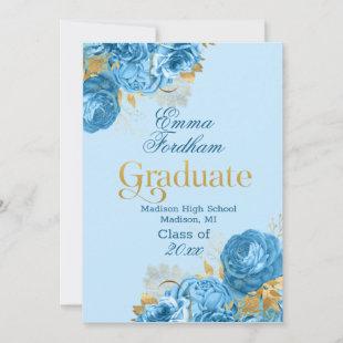Blue Roses and Gold Foil Leaves Graduation Party Announcement