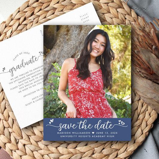 Blue Save the Date Graduation Photo Script Hearts Invitation Postcard