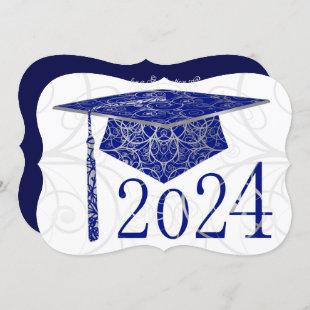Blue & Silver Floral Cap 2024 Graduation Party Invitation