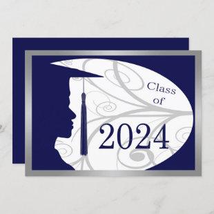 Blue Silver Man Silhouette 2024 Graduation Party Invitation