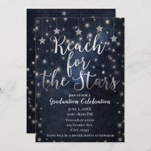 Blue Silver Reach for Stars Celestial Graduation Invitation