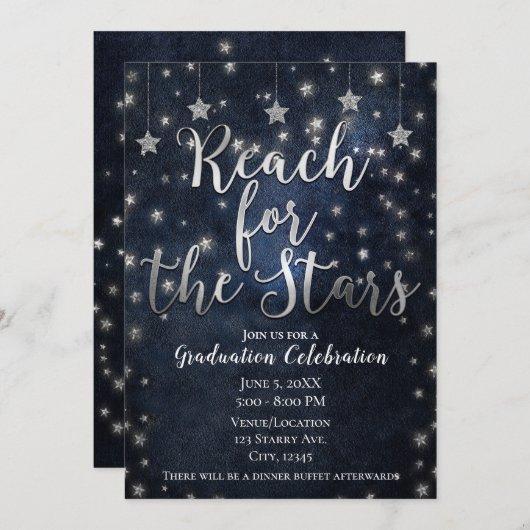 Blue Silver Reach for Stars Celestial Graduation Invitation