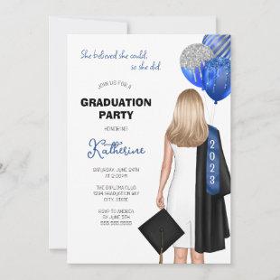 Blue Silver She Believed She Could Girl Graduation Invitation