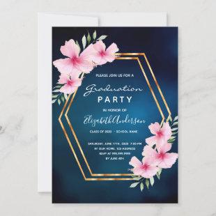 Blue sky pink floral graduation party invitation