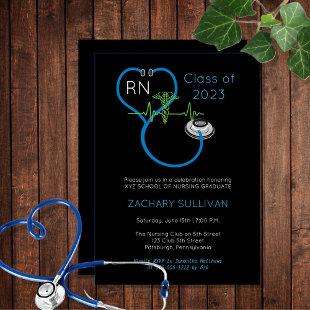 Blue Stethoscope EKG Nursing Graduation Party Invitation