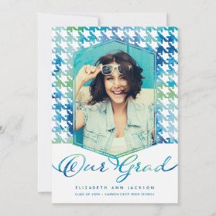 Blue Teal Watercolor Houndstooth Photo Graduation Announcement