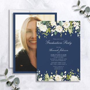 Blue White Floral Photo Graduation Party Invitation
