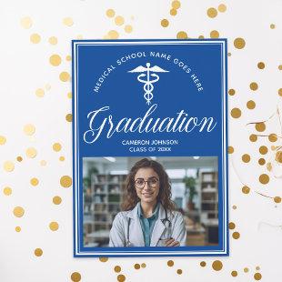 Blue White Medical School Photo Graduation Invitation