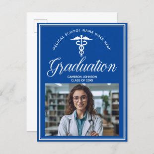 Blue White Medical School Photo Graduation Invitation Postcard