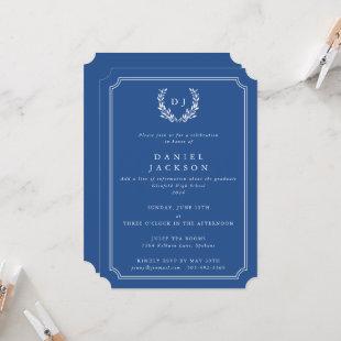 Blue/White Monogram Laurel Wreath Graduation Invitation