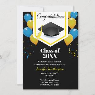 Blue yellow and black confetti graduation invitation