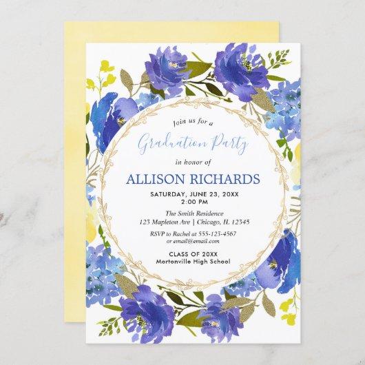 Blue yellow gold floral summer graduation party invitation