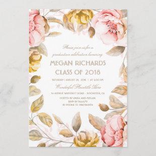 Blush and Gold Floral Watercolor Boho Graduation Invitation