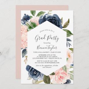 Blush and Navy Flowers | White Graduation Party Invitation