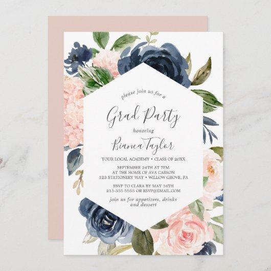 Blush and Navy Flowers | White Graduation Party Invitation