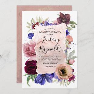 Blush Blue and Burgundy Floral Graduation Party Invitation