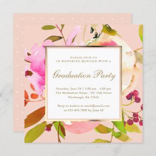 Blush Floral Watercolor with Dots Graduation Party Invitation
