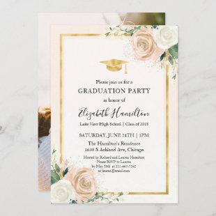 Blush & Foil Gold Floral Graduation Party Photo Invitation