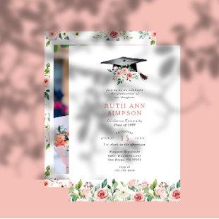 Blush & Peach Floral Cap Photo Graduation Party Invitation