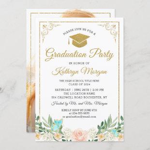 Blush Peach Floral Gold Glitter Photo Graduation Invitation