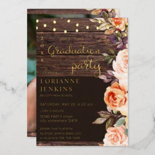 Blush &Peach Floral Rustic Graduation Photo v2 FL  Foil Invitation