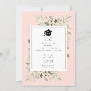 Blush Pink Elegant Greenery Photo Graduation Party Invitation