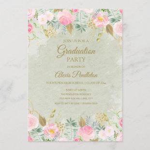 Blush Pink Floral Green Gold Graduation Party Invitation