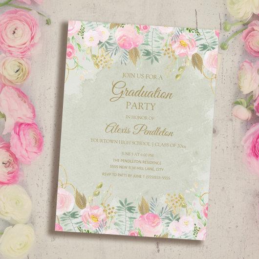 Blush Pink Floral Green Gold Graduation Party Invitation