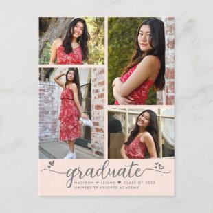 Blush Pink Graduation 4 Photo Modern Script Hearts Invitation Postcard