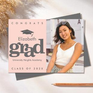 Blush pink graduation photo gray cap modern bold  announcement