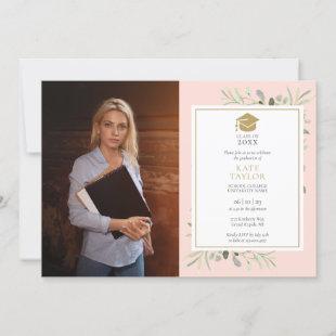 Blush Pink Greenery Gold Graduation Party Photo In Invitation