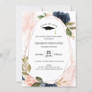 Blush Pink Navy Floral Geometric Frame Graduation Invitation