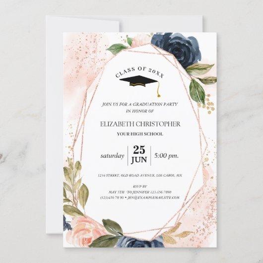 Blush Pink Navy Floral Geometric Frame Graduation Invitation