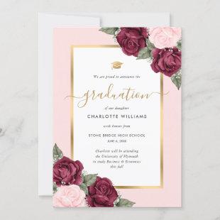Blush Pink Red Rose Gold Floral Photo Graduation Announcement