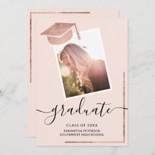 Blush pink rose gold graduate photo cap graduation invitation