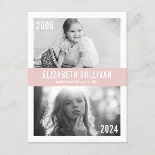 Blush Pink Then and Now Photo Collage Graduation Announcement Postcard