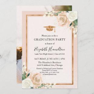 Blush & Rose Gold Floral Graduation Party Photo Invitation