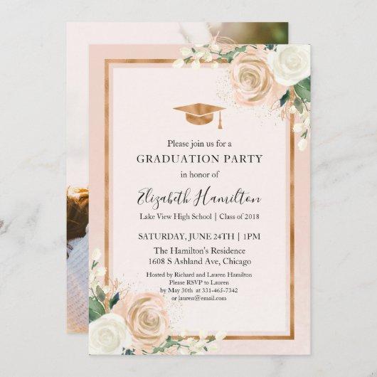 Blush & Rose Gold Floral Graduation Party Photo Invitation
