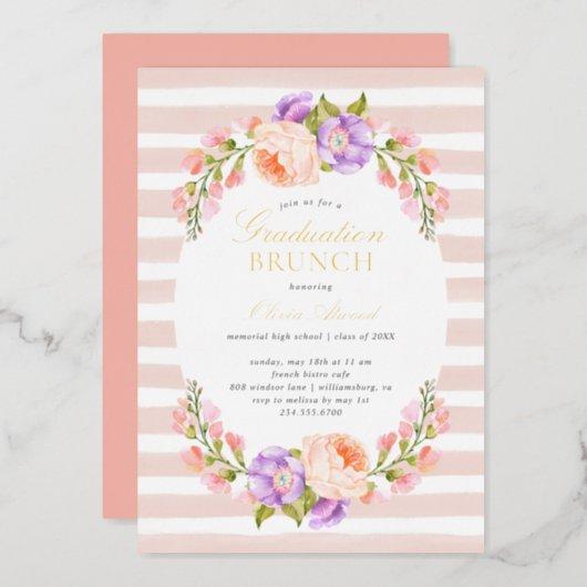 Blush Stripe and Bloom Graduation Brunch Foil Invitation