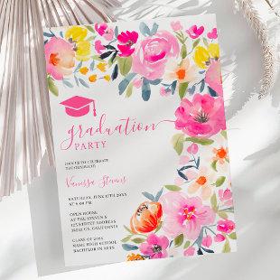 Bohemian bold floral watercolor pink graduation invitation