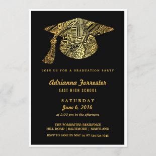Bohemian Pattern Gold Grad Hat Graduation Party Invitation