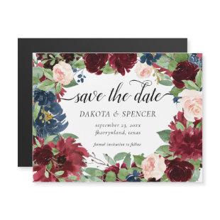 Boho Bloom | Burgundy and Navy Blue Save the Date Magnetic Invitation