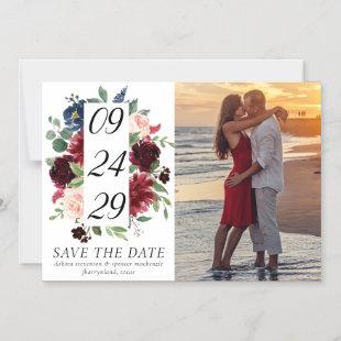 Boho Bloom | Burgundy and Navy Photo Save the Date Magnetic Invitation