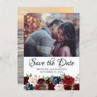 Boho Bloom | Burgundy Red and Navy Blue 2 Photo Save The Date