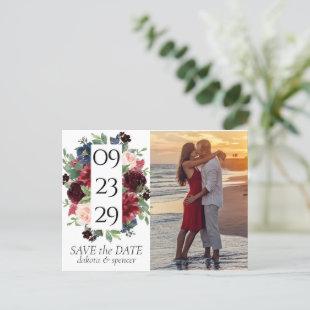 Boho Bloom | Burgundy Red and Navy Save the Date Announcement Postcard