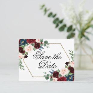Boho Bloom | Burgundy Red and Navy Save the Date Postcard