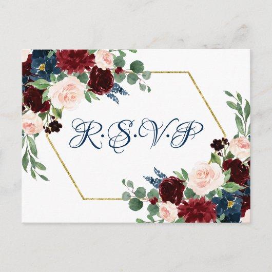 Boho Bloom | Rustic Navy Burgundy Gold Frame RSVP Postcard