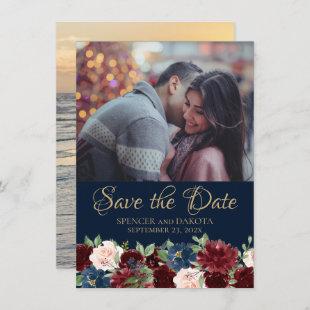 Boho Blooms | Dark Navy Blue and Burgundy 2 Photo Save The Date